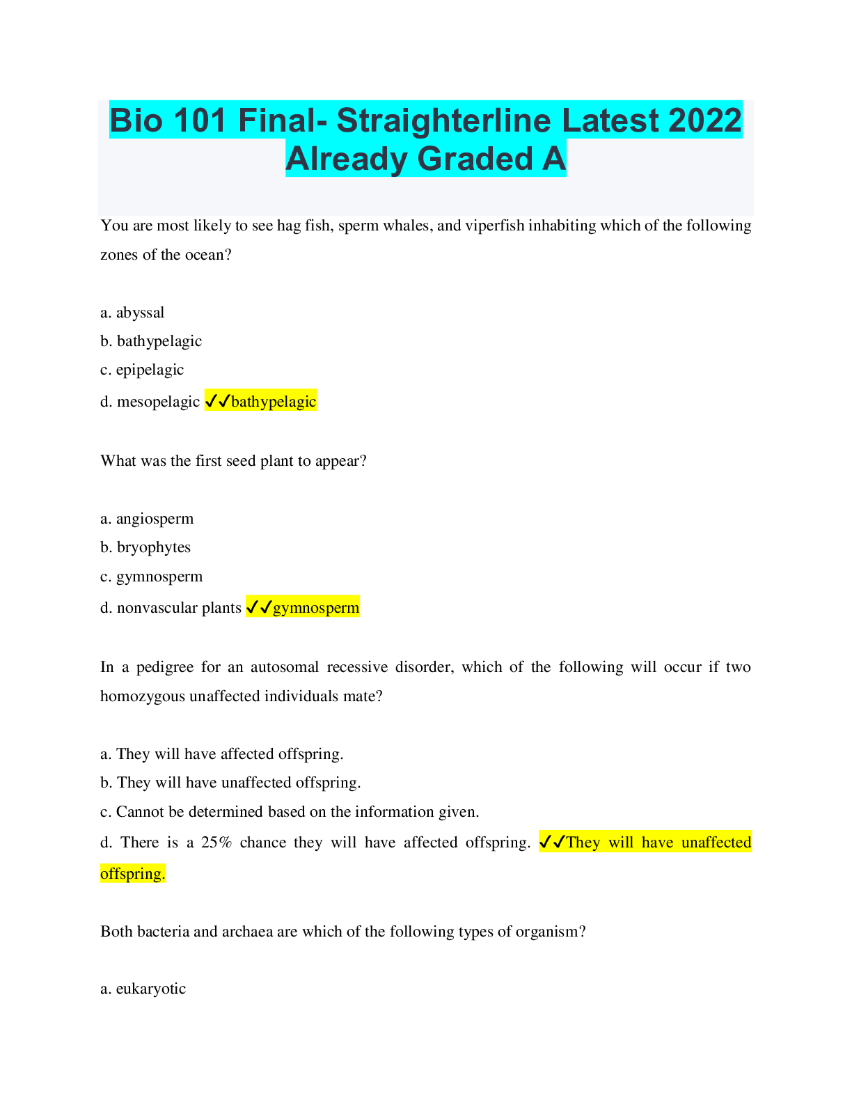 Preview of Bio 101 Final- Straighterline Latest 2022 Already Graded A